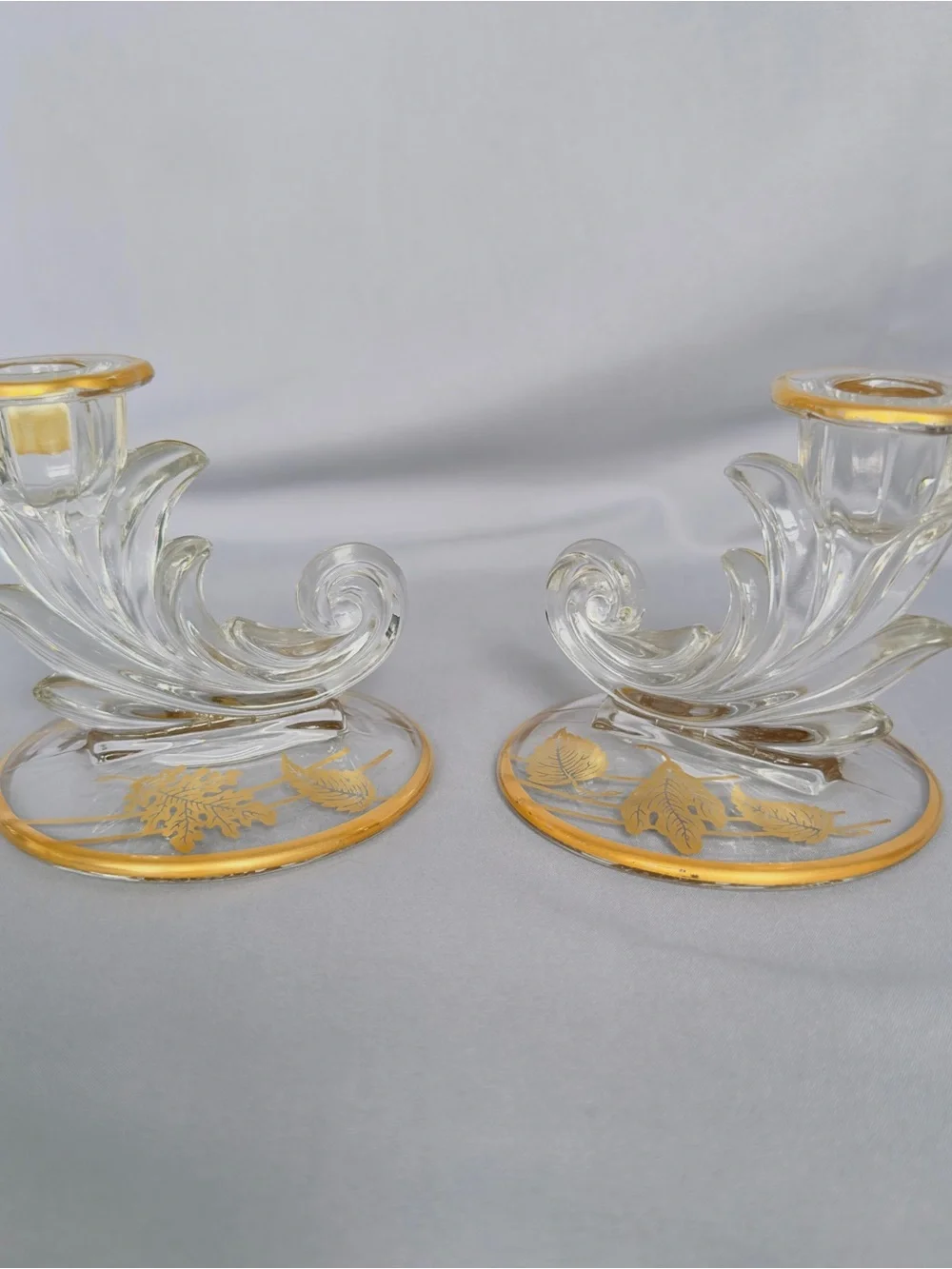 Vintage Fosteria Baraque Taper Candle Holders 22K Overlay Cornucopia Glass Art